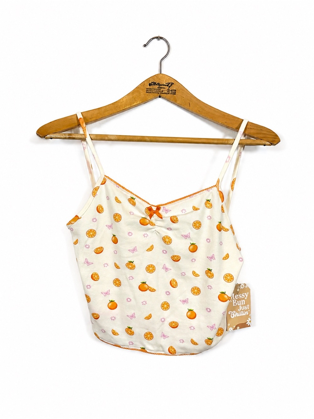 NWT Messy Bun Cotton Cami Crop Top Orange Fruit Pattern Size L Coquette Girl Y2K
